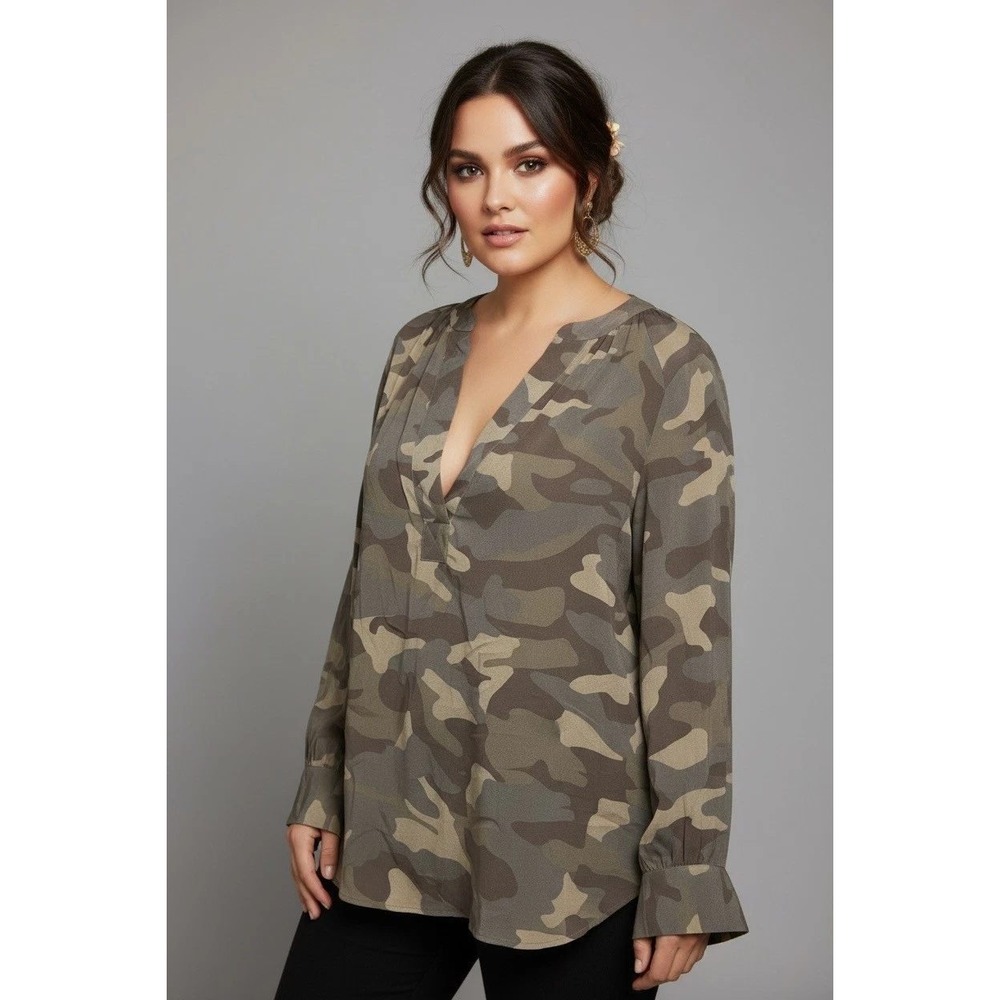 Joie Silk Blouse Womens Small Green Camo V-Neck Puff Sleeve Gorpcore Boho Earthy